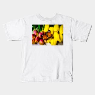 Tulips And Orange Butterfly Kids T-Shirt